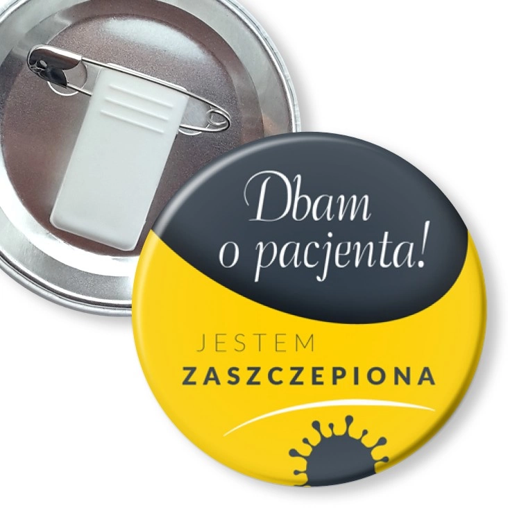 przypinka z żabką i agrafką Jestem zaszczepiona. Dbam o pacjenta