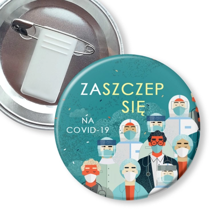 przypinka z żabką i agrafką Zaszczep się służba zdrowia