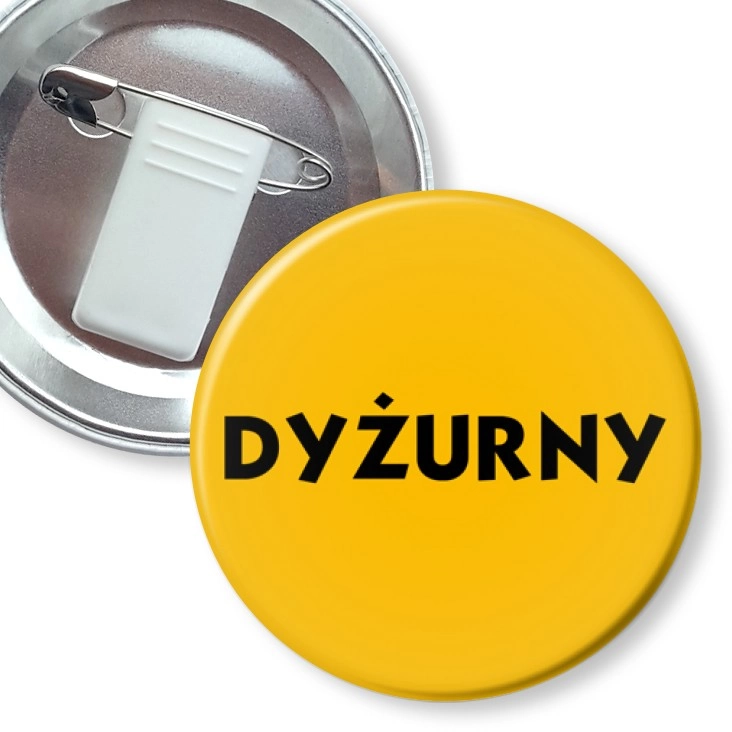 przypinka z żabką i agrafką Dyżurny żółte tło