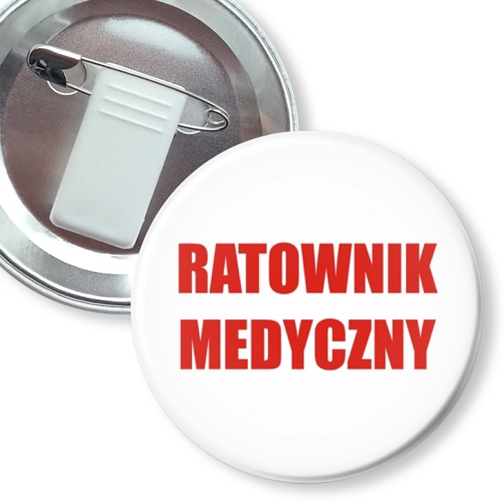 przypinka z żabką i agrafką Ratownik Medyczny czerwony napis