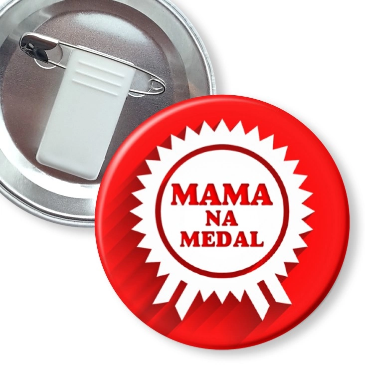 przypinka z żabką i agrafką Mama na medal z rozetą