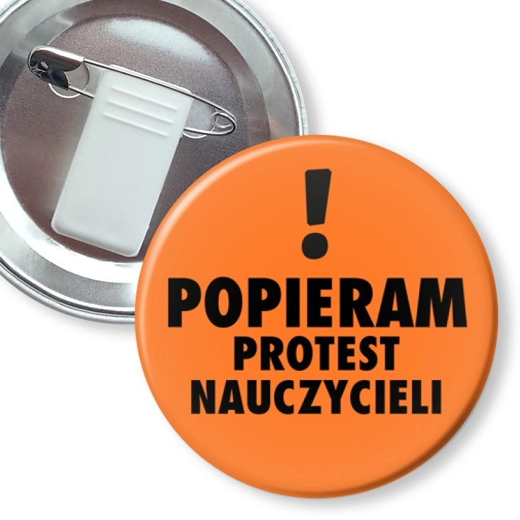 przypinka z żabką i agrafką Popieram protest nauczycieli. Wykrzyknik