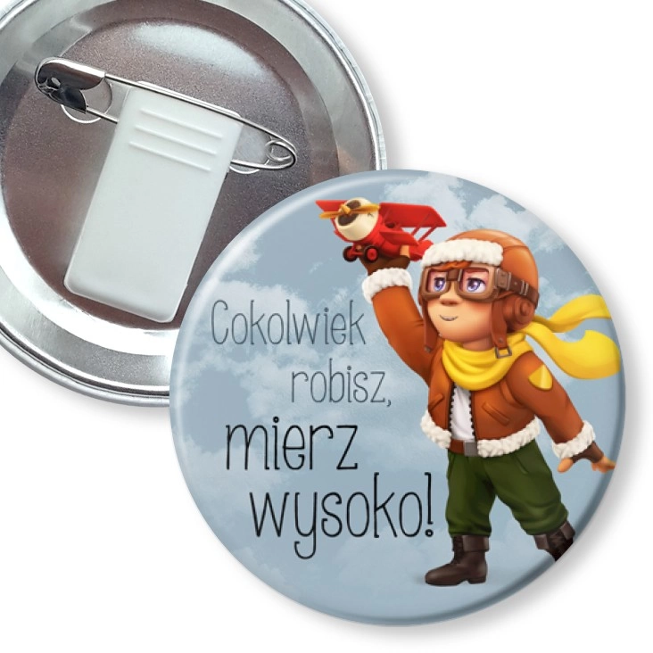 przypinka z żabką i agrafką Cokolwiek robisz mierz wysoko bohater