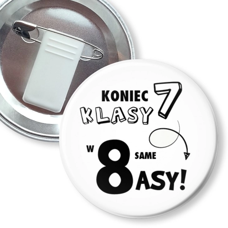 przypinka z żabką i agrafką Koniec 7 klasy w 8 same asy