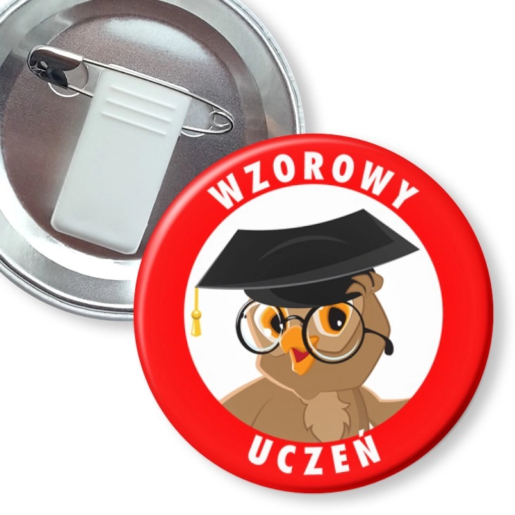 przypinka z żabką i agrafką Wzorowy Uczeń sowa w birecie