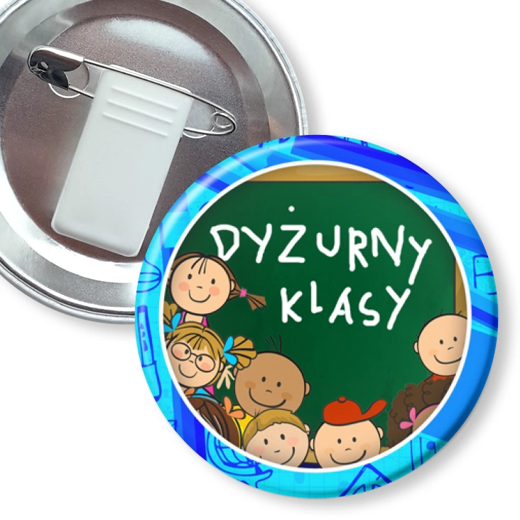 przypinka z żabką i agrafką Dyżurny klasy niebieska obwódka