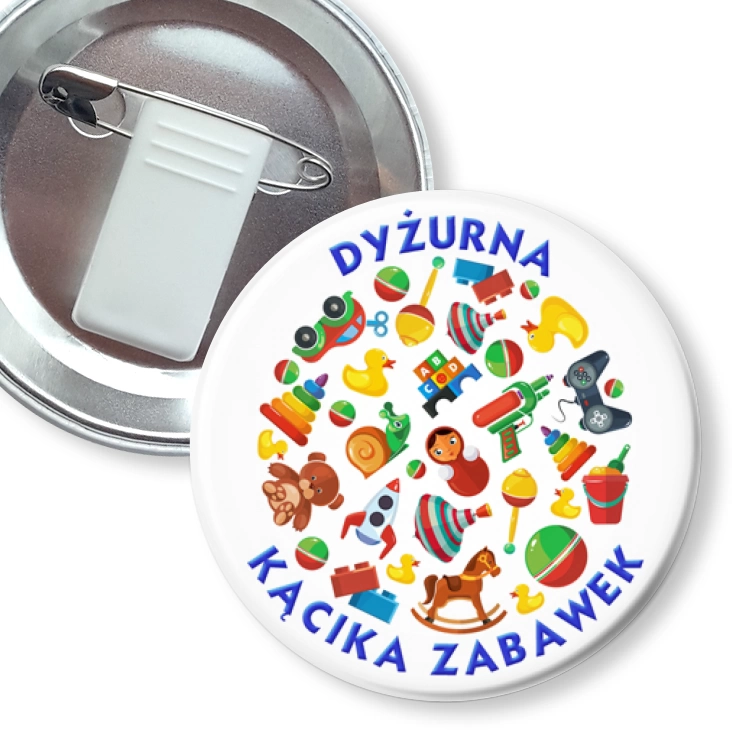 przypinka z żabką i agrafką Dyżurna Kącika Zabawek