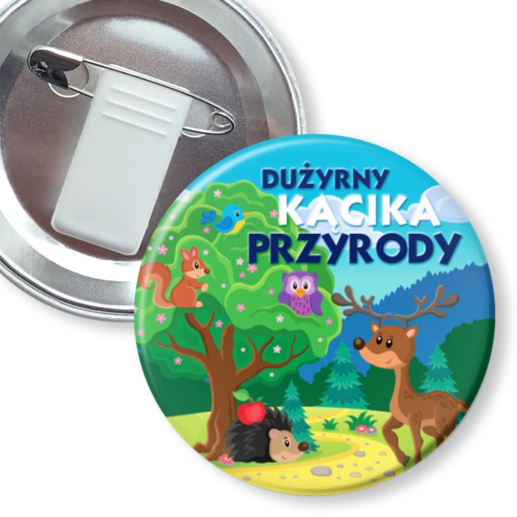 przypinka z żabką i agrafką Dyżurny Kącika Przyrody ze zwierzętami