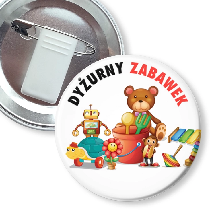 przypinka z żabką i agrafką Dyżurny zabawek