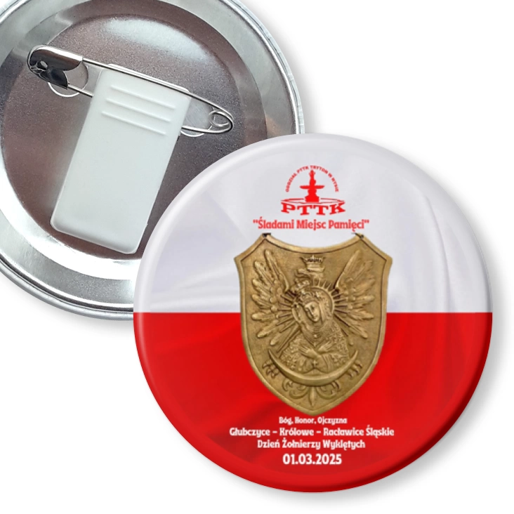przypinka z żabką i agrafką PTTK Nysa Śladami Miejsc Pamięci