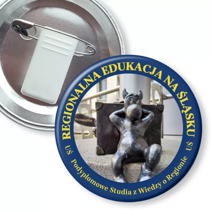 przypinka z żabką i agrafką Regionalna Edukacja na Śląsku