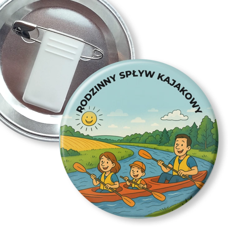 przypinka z żabką i agrafką Rodzinny spływ kajakowy ze słoneczkiem