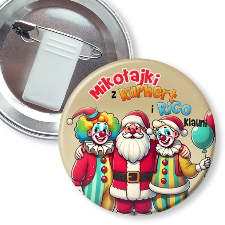 przypinka z żabką i agrafką Ruphert i Rico Klauni ze św. Mikołajem