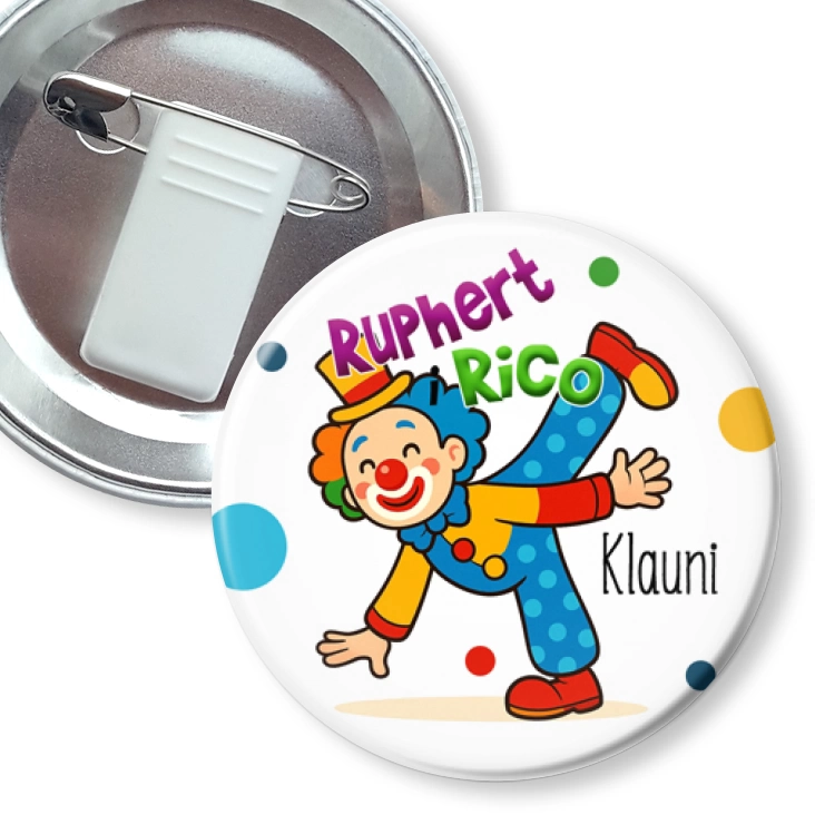przypinka z żabką i agrafką Ruphert i Rico Klauni na białym tle