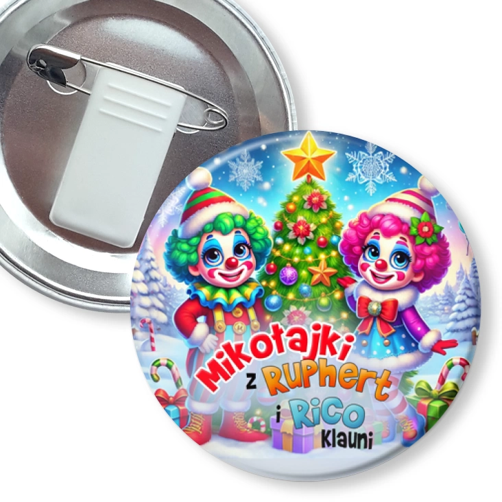 przypinka z żabką i agrafką Ruphert i Rico Klauni Para klaunów przy choince