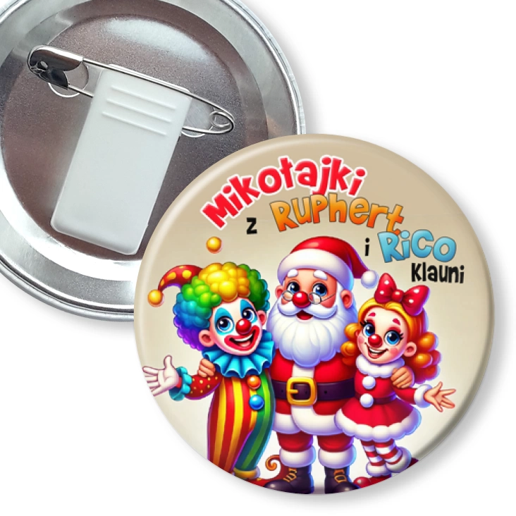 przypinka z żabką i agrafką Ruphert i Rico Klauni Para klaunów z Mikołajem