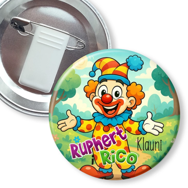 przypinka z żabką i agrafką Ruphert i Rico Klauni w lesie