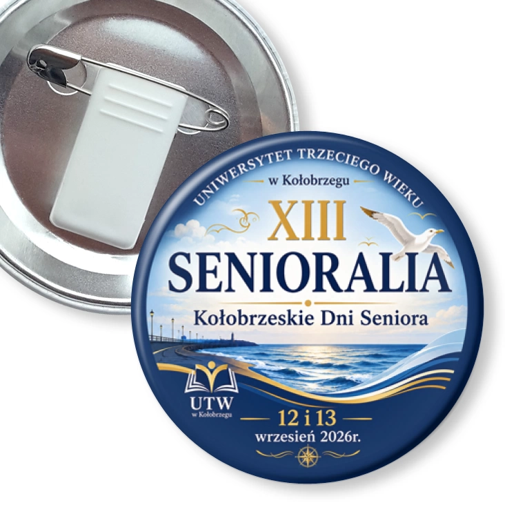 przypinka z żabką i agrafką Senioralia Kołobrzeg 2026