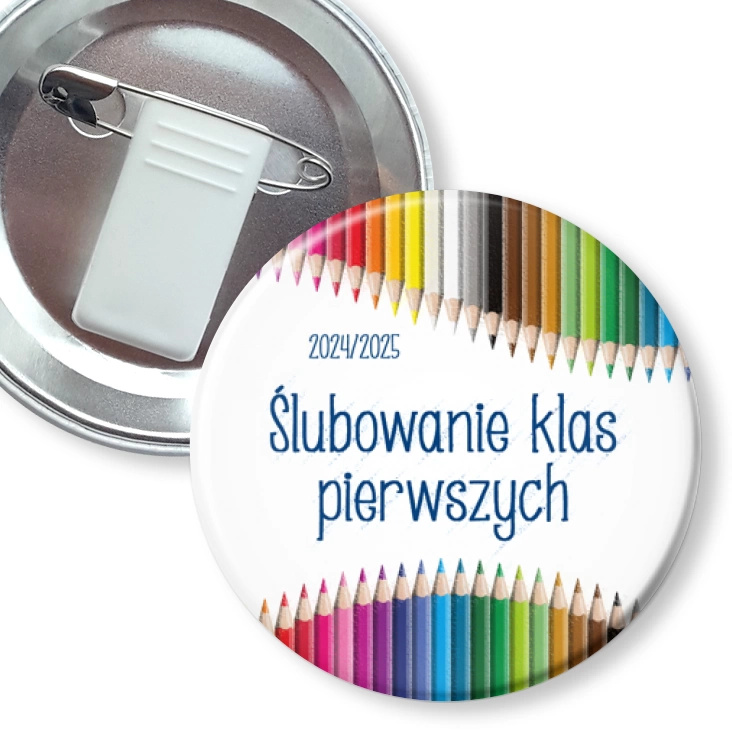 przypinka z żabką i agrafką Ślubowanie klas pierwszych Kolorowe Kredki