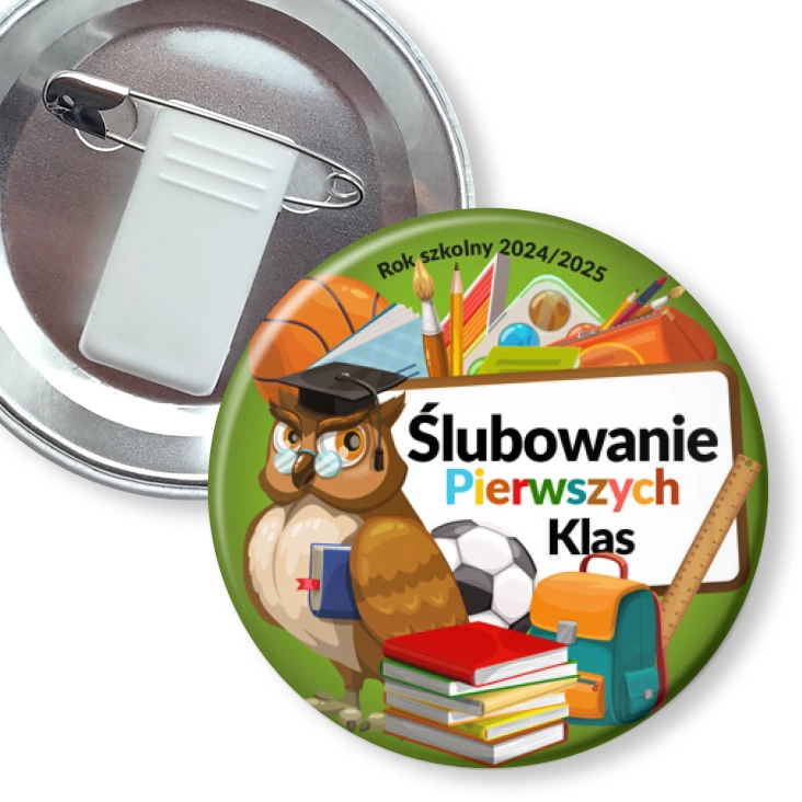 przypinka z żabką i agrafką Ślubowanie pierwszych klas Mądra Sowa