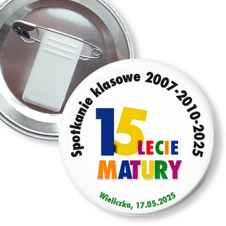 przypinka z żabką i agrafką Spotkanie klasowe 15-lecie Matury Wieliczka