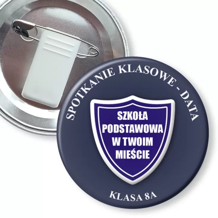 przypinka z żabką i agrafką Spotkanie klasowe z błękitną tarczą