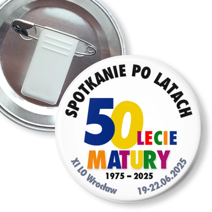 przypinka z żabką i agrafką Spotkanie po latach XI LO Wrocław 2025