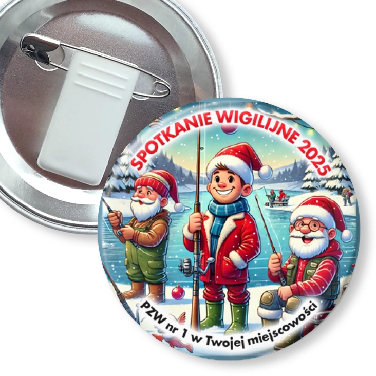 przypinka z żabką i agrafką Spotkanie wigilijne wędkarzy