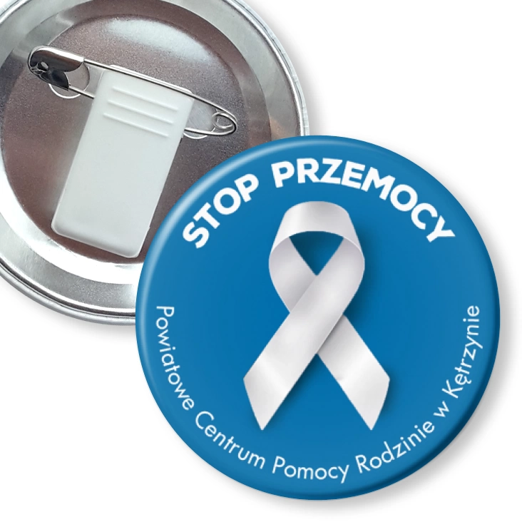 przypinka z żabką i agrafką Stop przemocy Powiatowe Centrum Pomocy Rodzinie w Kętrzynie