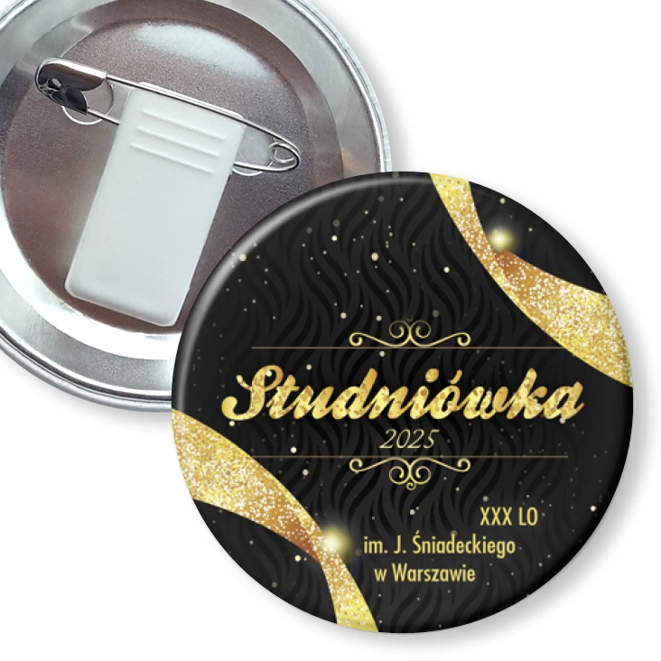 przypinka z żabką i agrafką Studniówka 2025 XXX LO w Warszawie