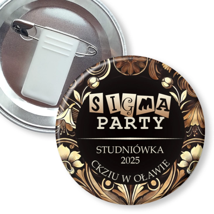 przypinka z żabką i agrafką Studniówka CKZiU w Oławie Sigma Party