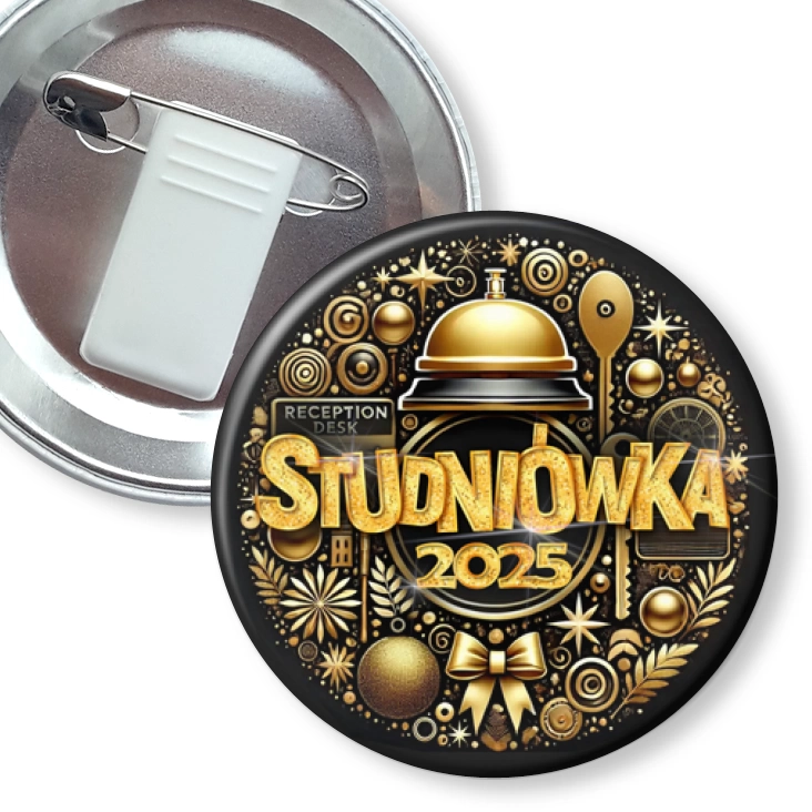 przypinka z żabką i agrafką Studniówka technik hotelarstwa
