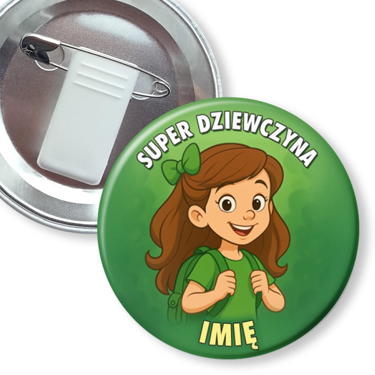 przypinka z żabką i agrafką Super dziewczyna na zielonym tle