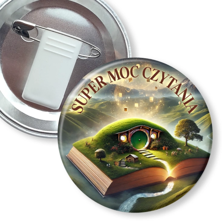 przypinka z żabką i agrafką Super moc czytania Magiczna książka