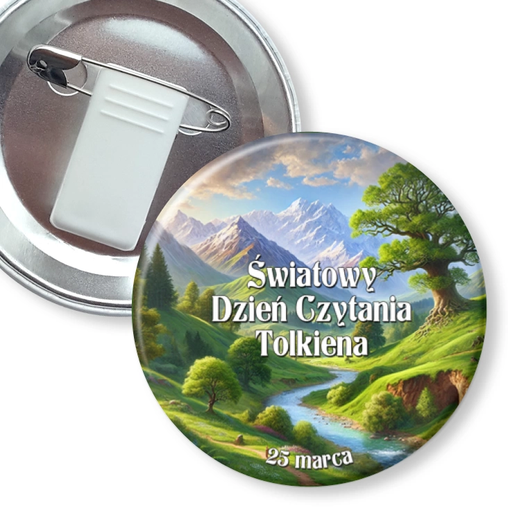 przypinka z żabką i agrafką Światowy Dzień Czytania Tolkiena krajobraz