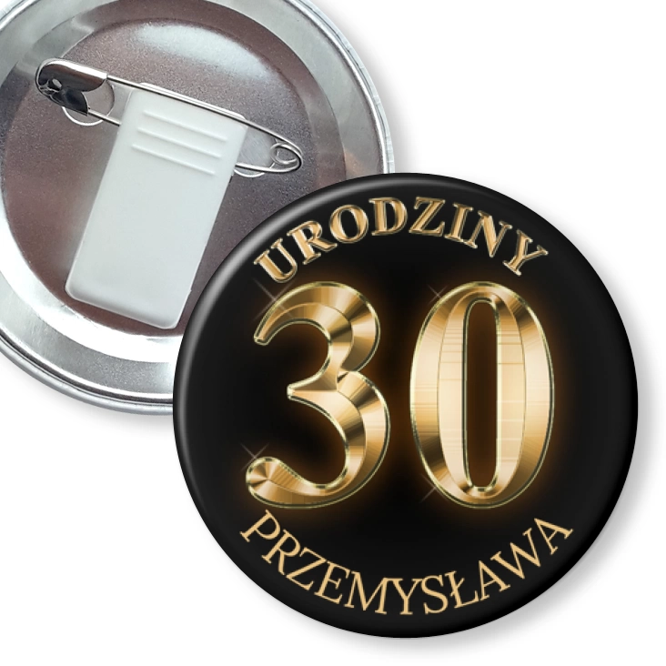 przypinka z żabką i agrafką Trzydzieste urodziny z imieniem i złotym napisem
