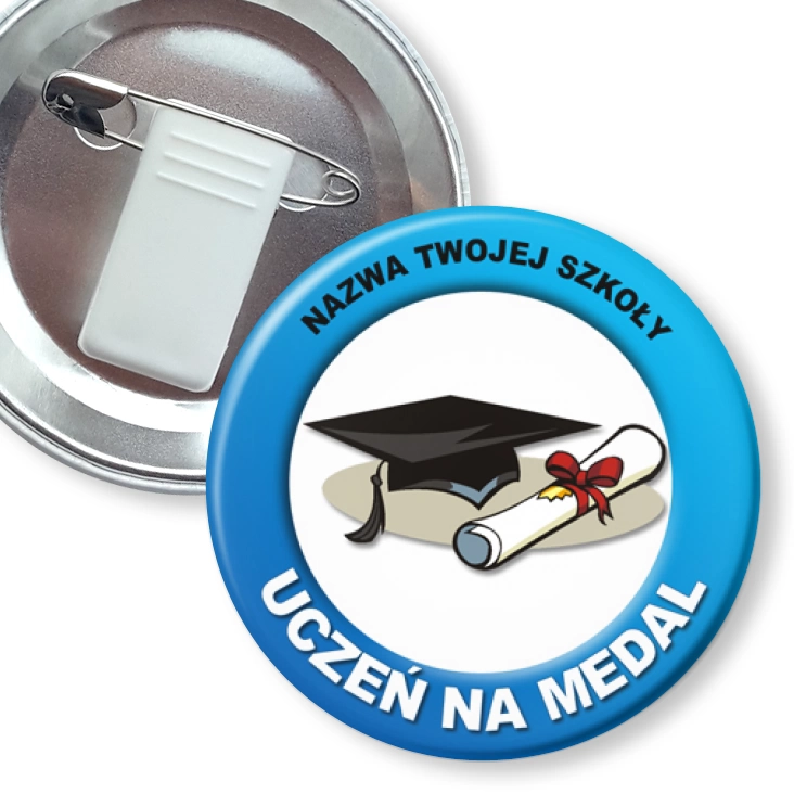 przypinka z żabką i agrafką Uczeń na medal z biretem i dyplomem