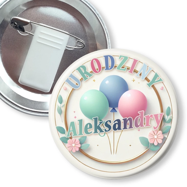 przypinka z żabką i agrafką Urodziny pastelowe baloniki