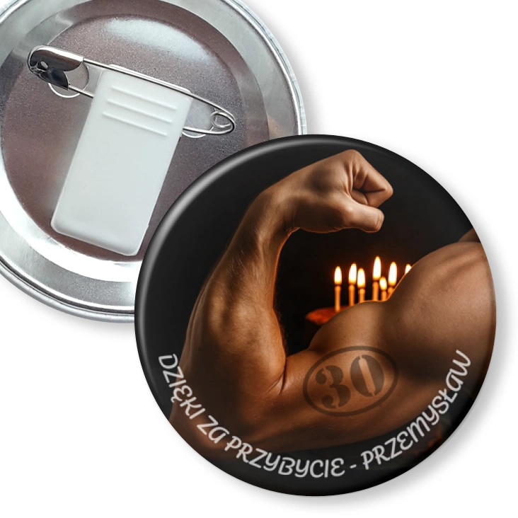 przypinka z żabką i agrafką Urodziny z bicepsem