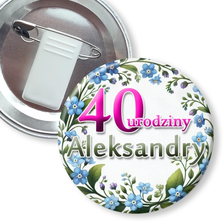 przypinka z żabką i agrafką Urodziny z niezapominajkami