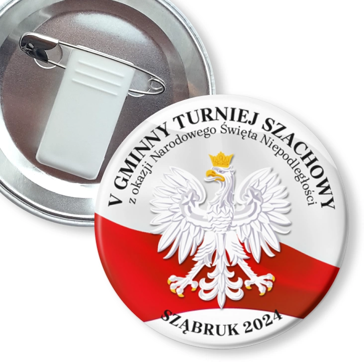 przypinka z żabką i agrafką V Gminny Turniej Szachowy z okazji Narodowego Święta Niepodległości