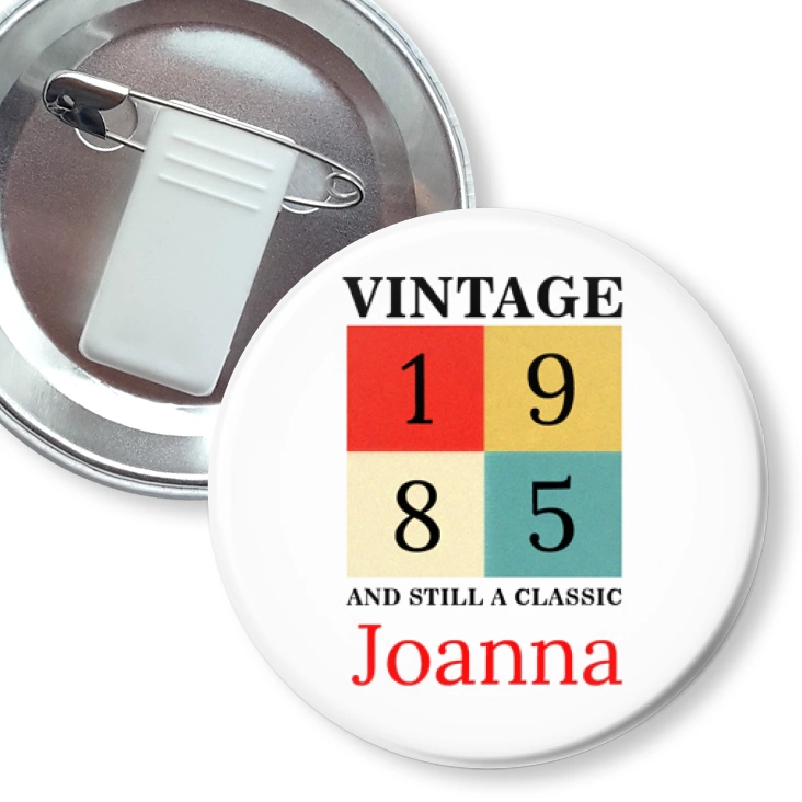 przypinka z żabką i agrafką Vintage 1984 wpisz imię