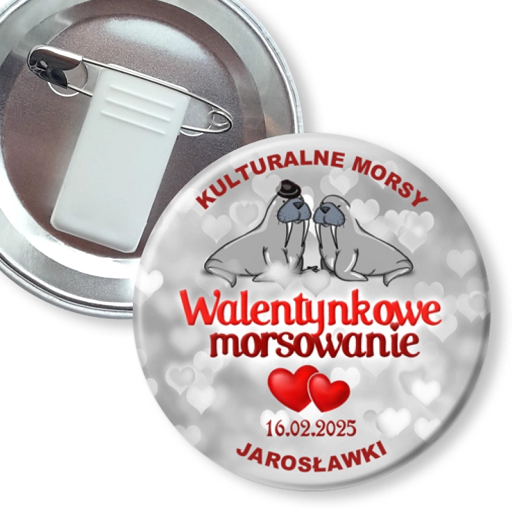 przypinka z żabką i agrafką Walentynkowe morsowanie Kulturalne Morsy
