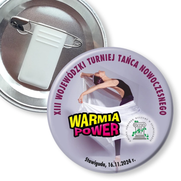 przypinka z żabką i agrafką Warmia Power 2024