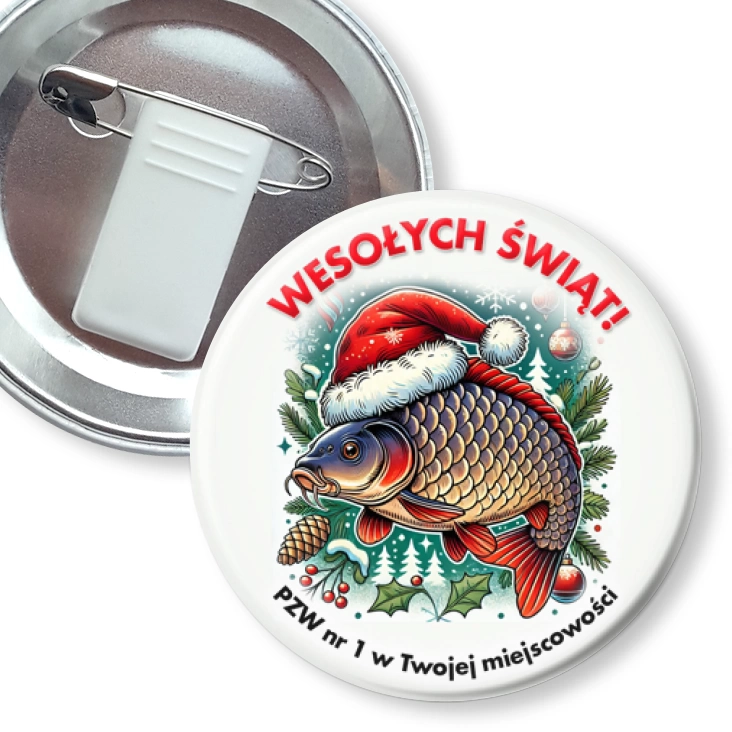 przypinka z żabką i agrafką Wesołych świąt od wędkarzy