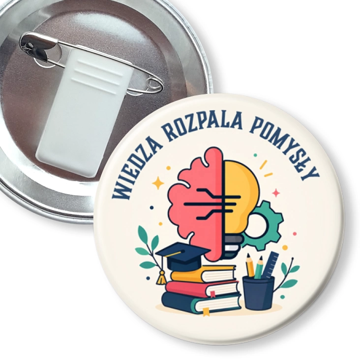 przypinka z żabką i agrafką Wiedza zapala pomysły