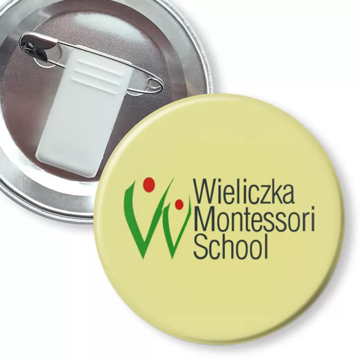 przypinka z żabką i agrafką Wieliczka Montessori School