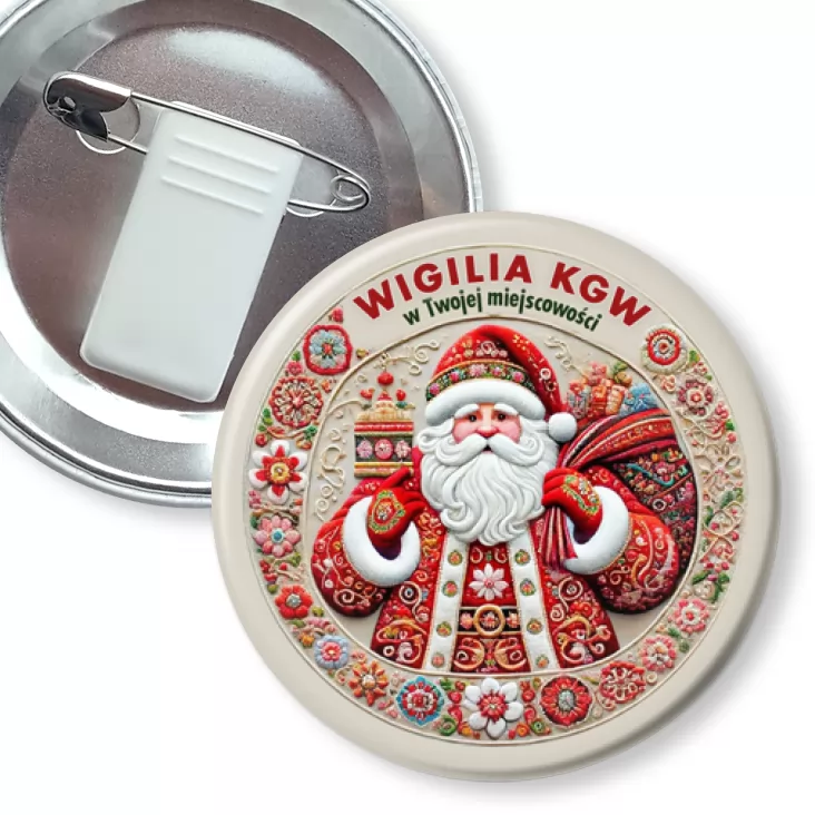 przypinka z żabką i agrafką Wigilia Koła Gospodyń Wiejskich haftowany Mikołaj