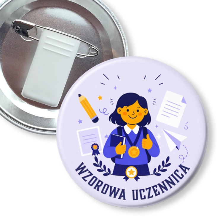 przypinka z żabką i agrafką Wzorowa uczennica na lawendowym tle