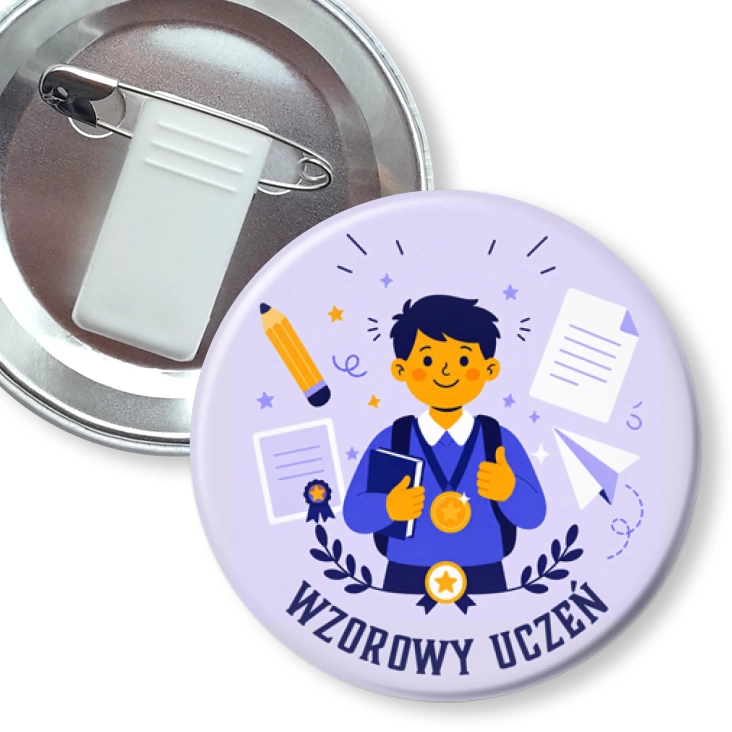 przypinka z żabką i agrafką Wzorowy uczeń na lawendowym tle
